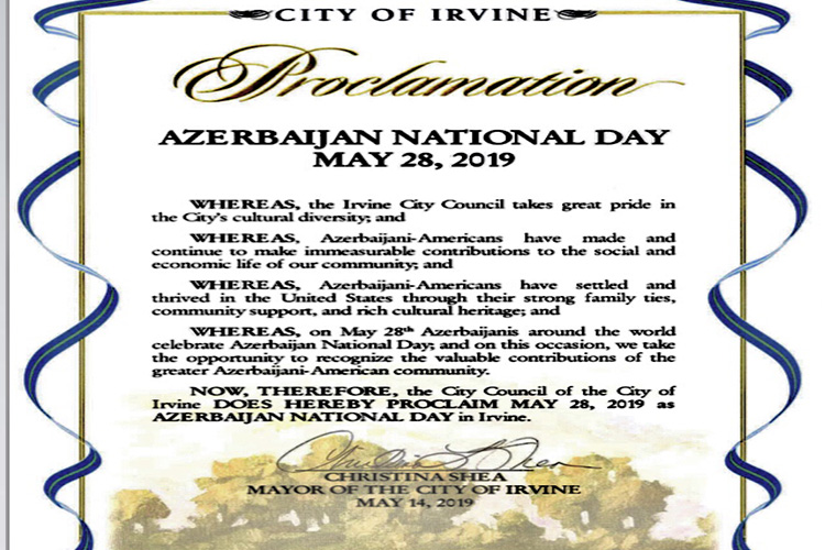 В калифорнийском городе Орвайн 28 мая объявлен "Национальным днем Азербайджана" 