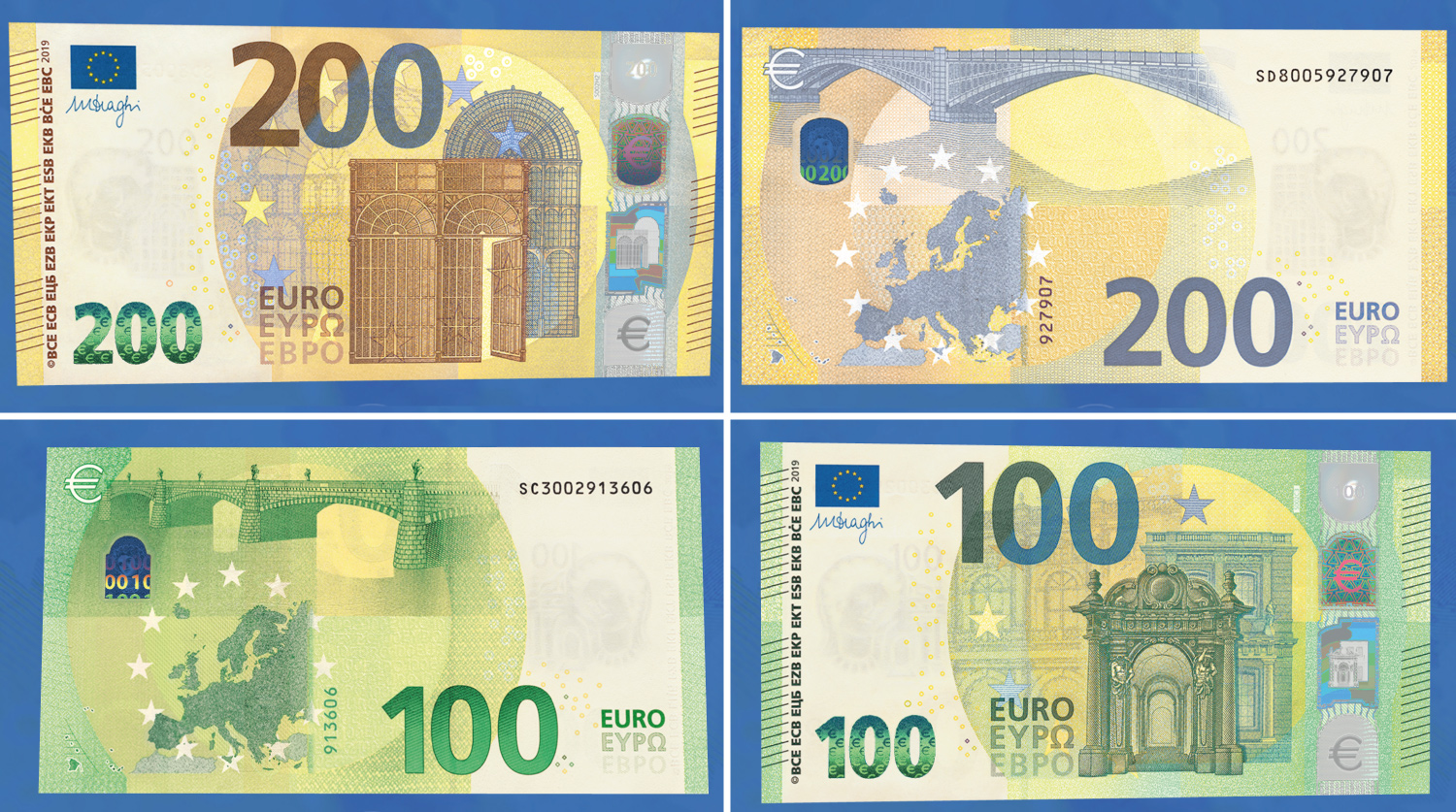 Появились новые купюры в €100 и €200