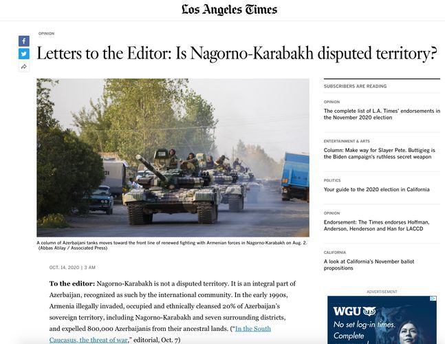 Статья генконсула Азербайджана об оккупационной политике Армении опубликована в Los Angeles Times