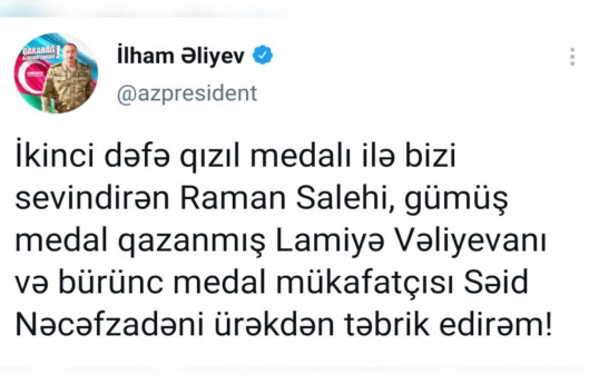 Президент Азербайджана поздравил спортсменов, завоевавших сегодня медали Паралимпийских игр