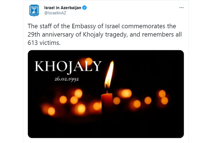 Посольство Израиля поделилось публикацией в связи с 29-й годовщиной Ходжалинского геноцида
