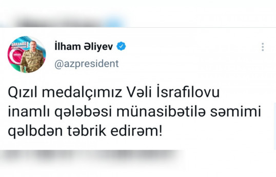 Президент Азербайджана поздравил Вели Исрафилова, завоевавшего золотую медаль на Паралимпийских играх