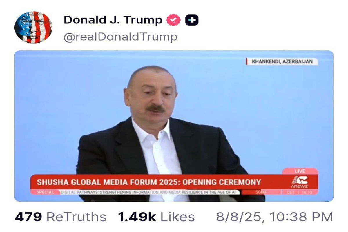 Трамп вновь опубликовал выступление Алиева на Шушинском медиафоруме-ВИДЕО 