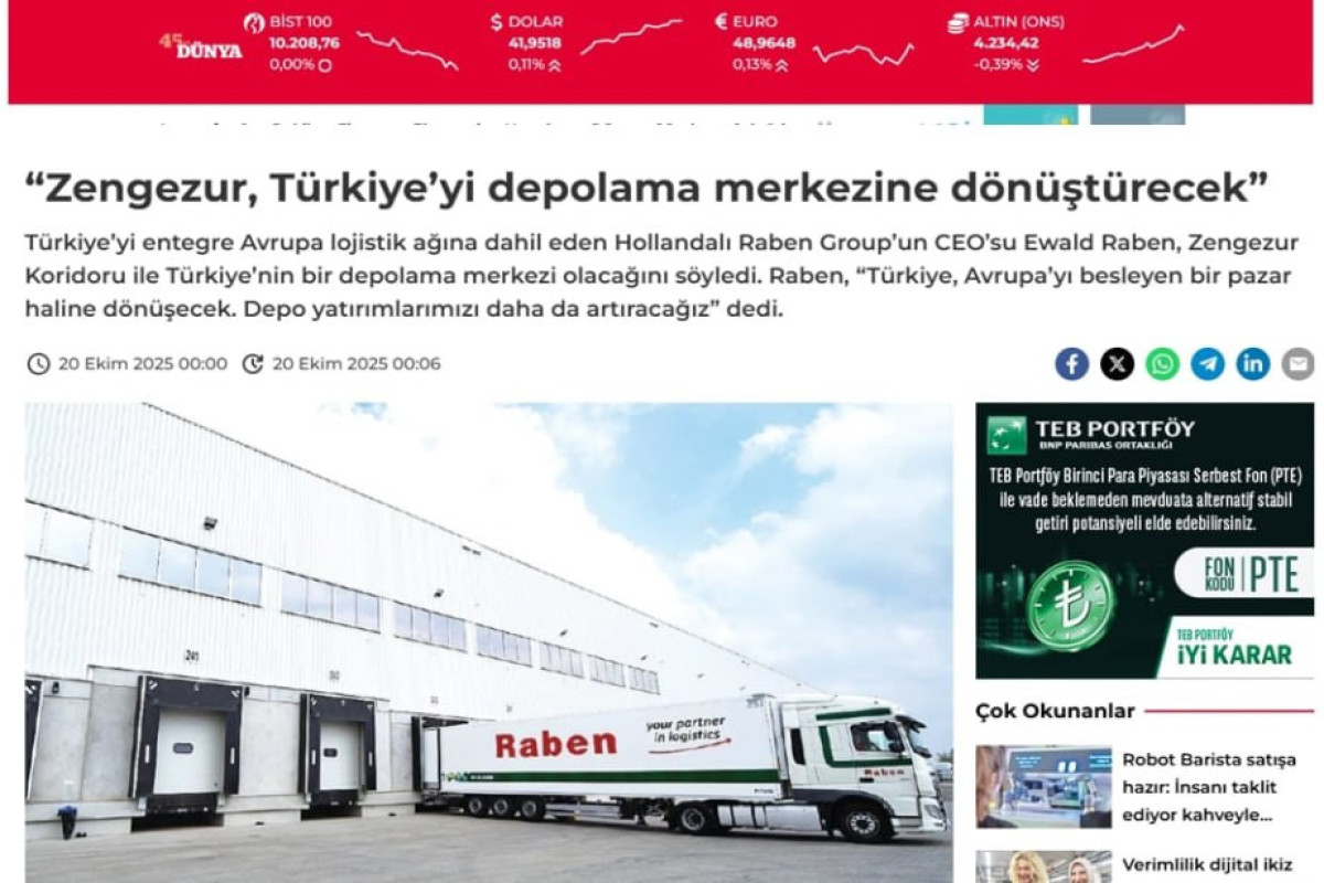 Издание Dünya о значимости Зангезурского коридора для Турции