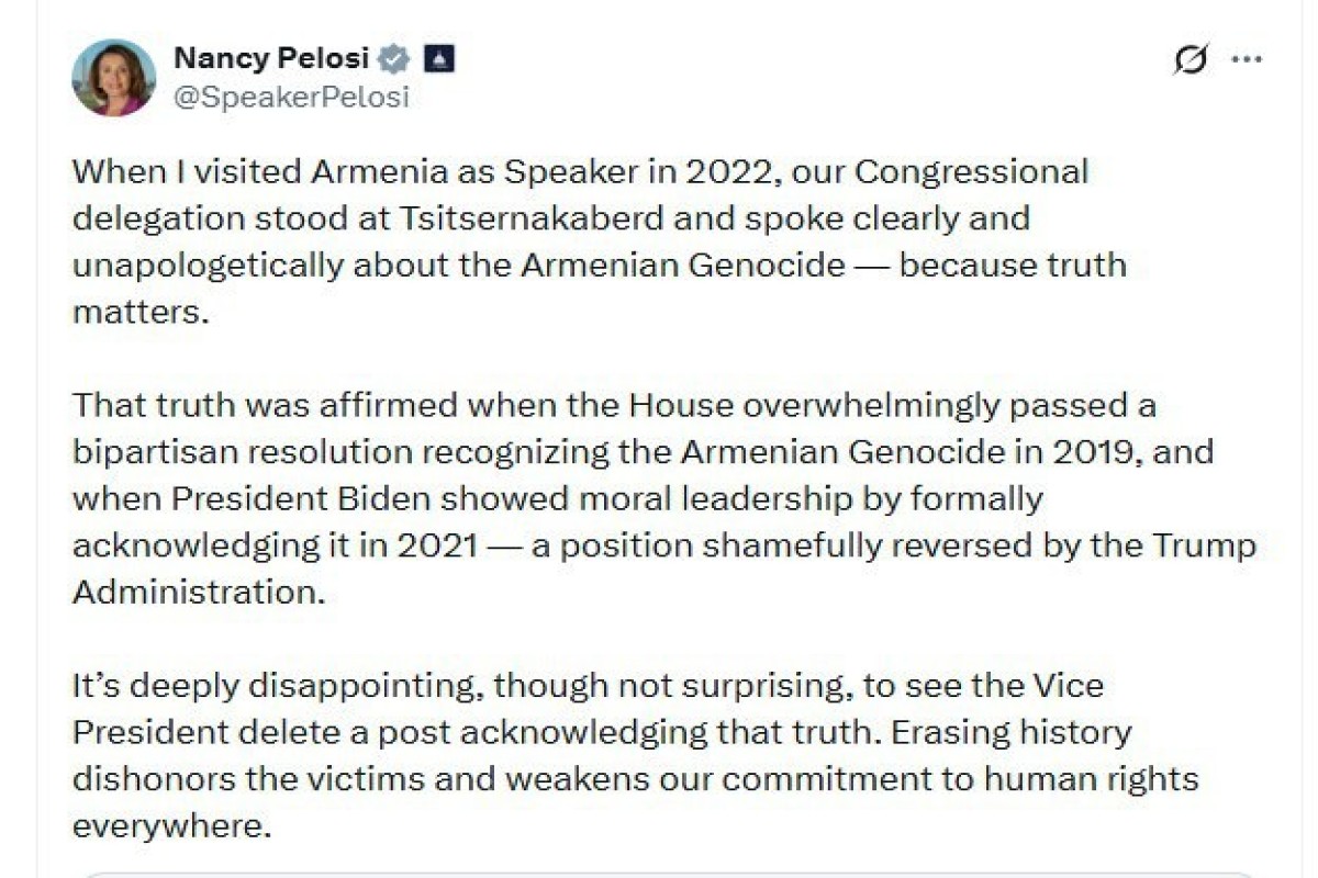 Армянофилка Нэнси Пелоси раскритиковала удаление Джей Ди Вэнсом публикации о "геноциде армян"-ФОТО 