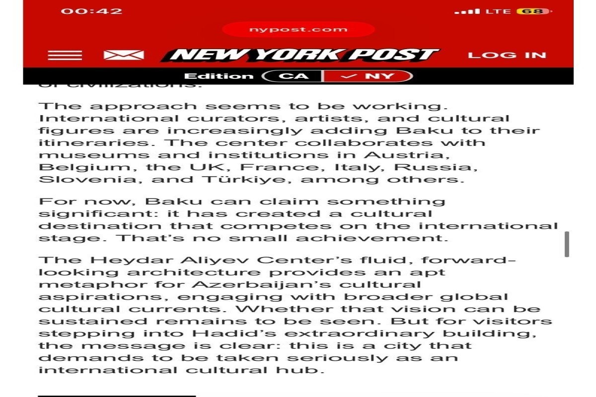 Центр Гейдара Алиева как международный центр искусства в статье New York Post -ФОТО 
